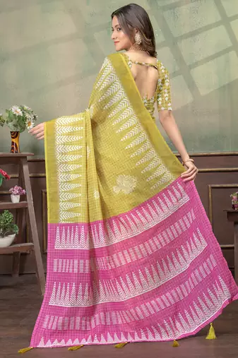 Lemon printed art silk designer pallu saree