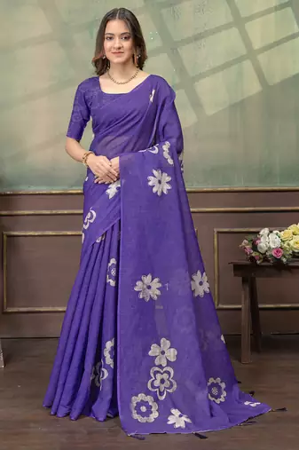 Purple printed art silk designer pallu saree