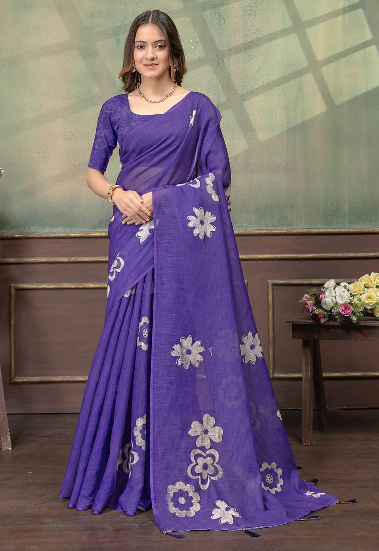 Purple printed art silk designer pallu saree