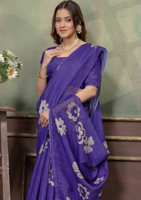 Purple printed art silk designer pallu saree 4