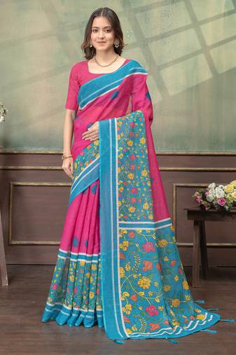 Hot pink printed art silk designer pallu saree
