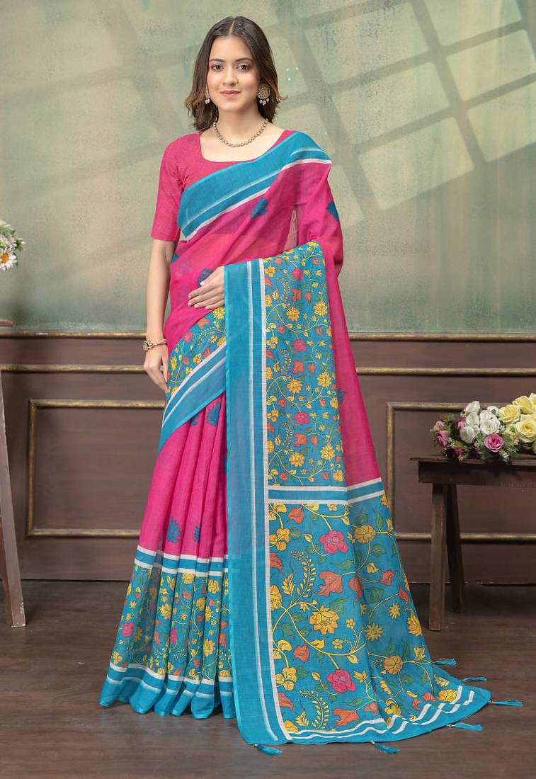 Hot pink printed art silk designer pallu saree