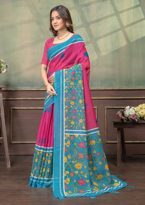Hot pink printed art silk designer pallu saree 2