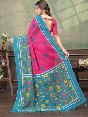 Hot pink printed art silk designer pallu saree 3
