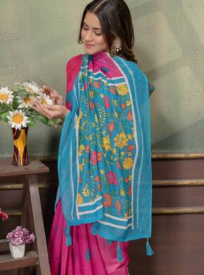Hot pink printed art silk designer pallu saree 4