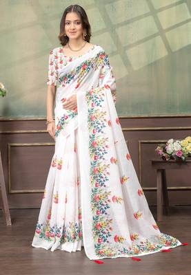 White printed art silk designer pallu saree 1
