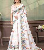 White printed art silk designer pallu saree
