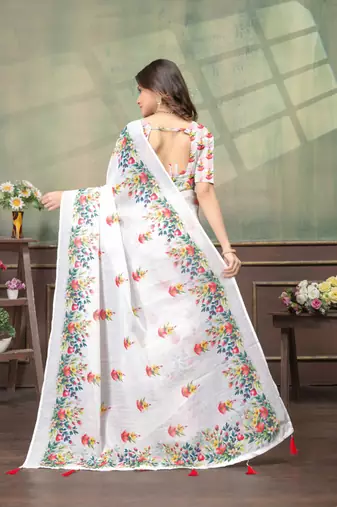 White printed art silk designer pallu saree