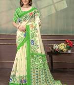 Light yellow printed art silk designer pallu saree