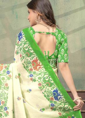 Light yellow printed art silk designer pallu saree 3