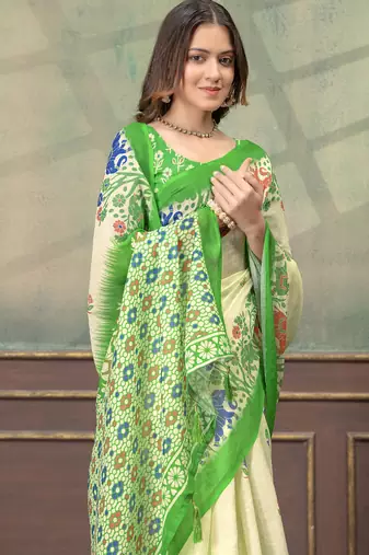 Light yellow printed art silk designer pallu saree