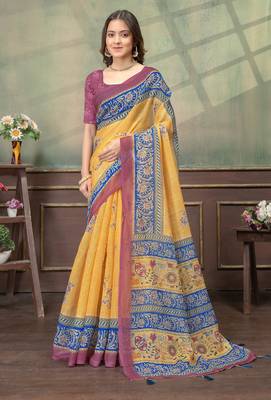 Mustard printed art silk designer pallu saree 1