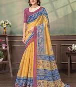 Mustard printed art silk designer pallu saree