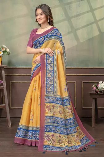 Mustard printed art silk designer pallu saree