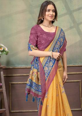 Mustard printed art silk designer pallu saree 4