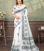 White printed art silk designer pallu saree