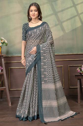 Cream printed art silk designer pallu saree