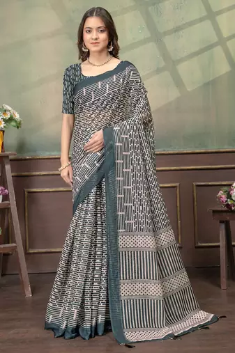 Cream printed art silk designer pallu saree