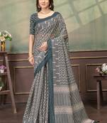 Cream printed art silk designer pallu saree