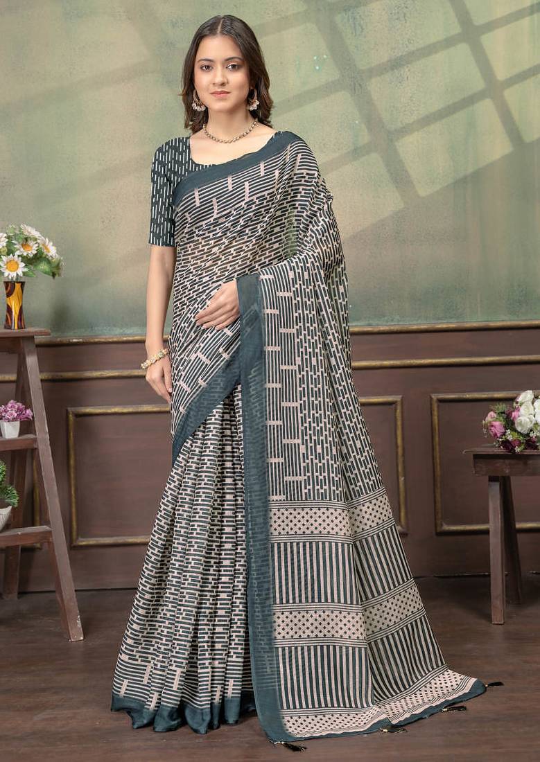 Cream printed art silk designer pallu saree