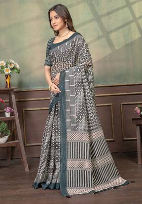 Cream printed art silk designer pallu saree 2