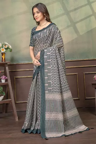 Cream printed art silk designer pallu saree