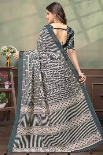 Cream printed art silk designer pallu saree