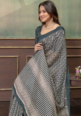 Cream printed art silk designer pallu saree 4
