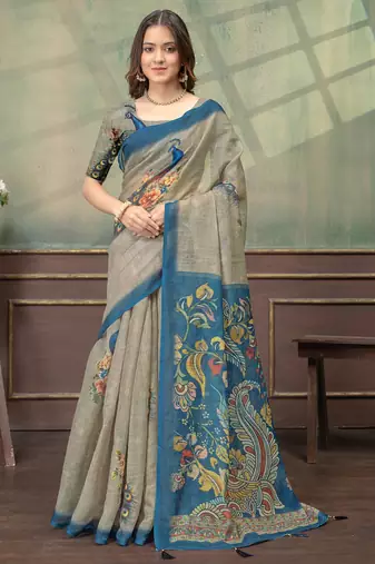 Grey printed art silk designer pallu saree