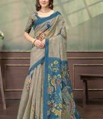 Grey printed art silk designer pallu saree