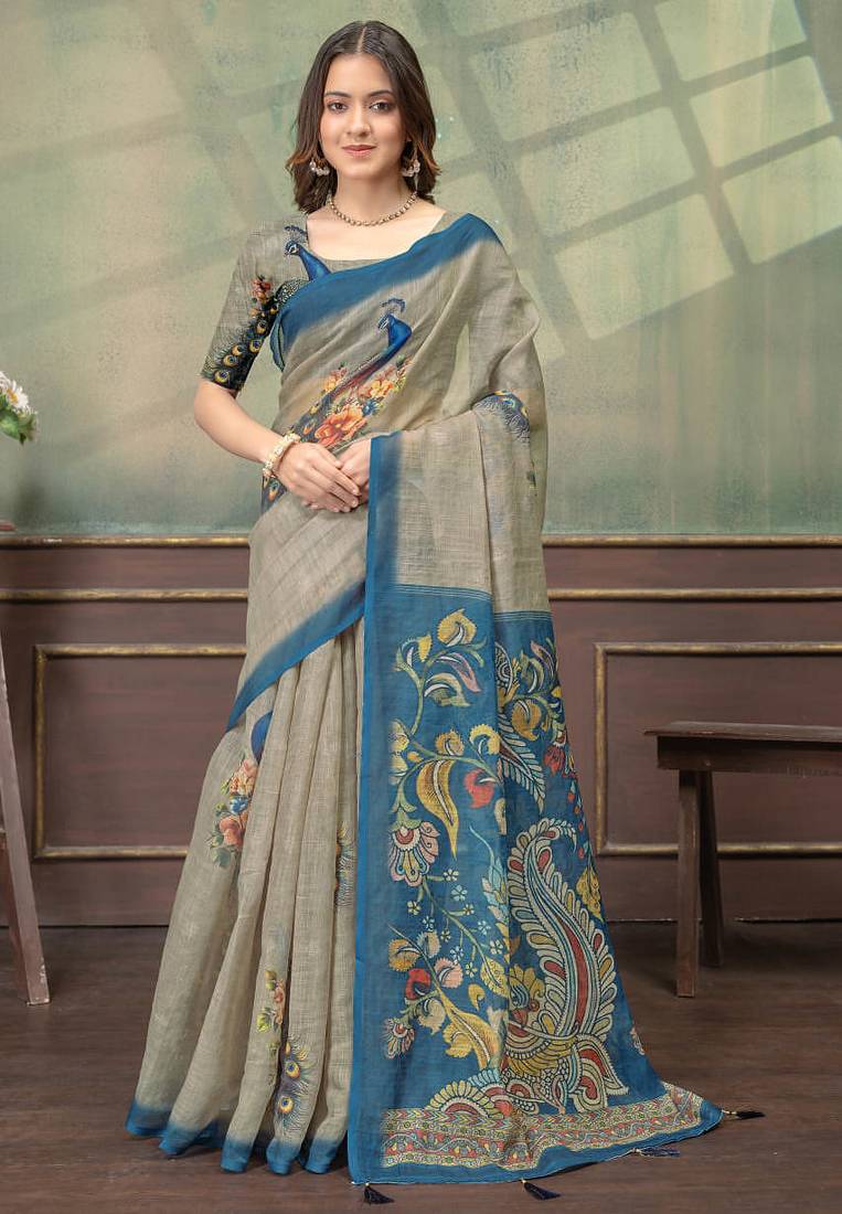 Grey printed art silk designer pallu saree
