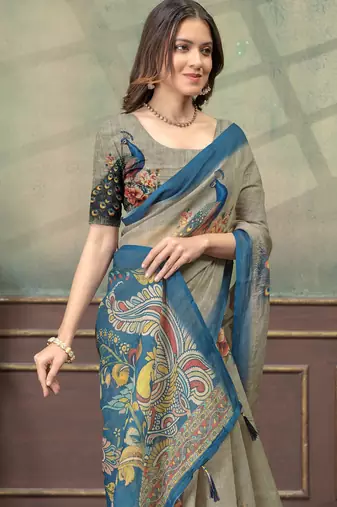 Grey printed art silk designer pallu saree