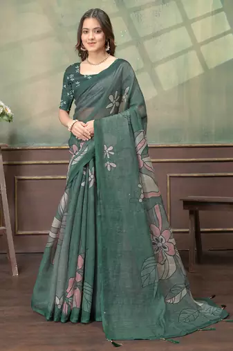 Green printed art silk designer pallu saree