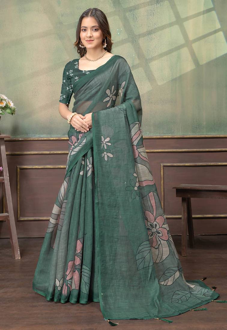 Green printed art silk designer pallu saree
