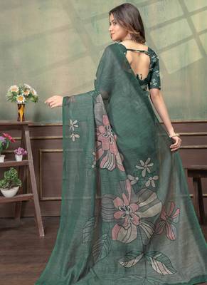 Green printed art silk designer pallu saree 3
