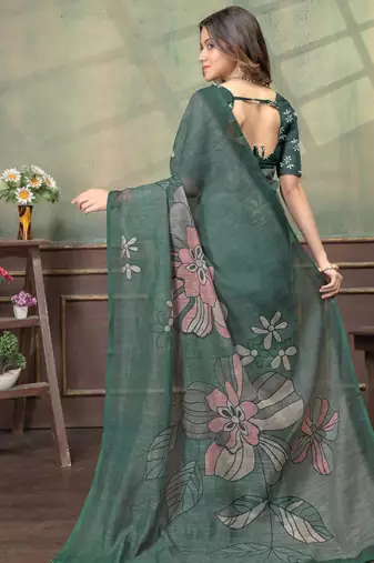 Green printed art silk designer pallu saree