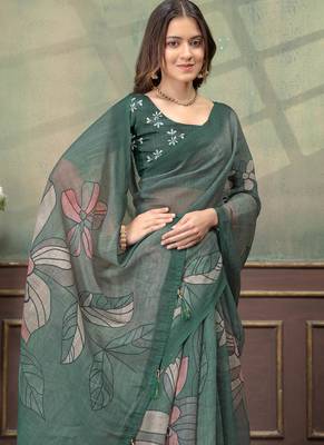 Green printed art silk designer pallu saree 4