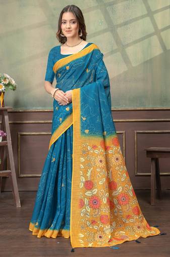 Teal printed art silk designer pallu saree