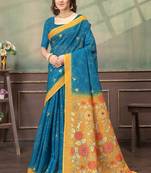 Teal printed art silk designer pallu saree