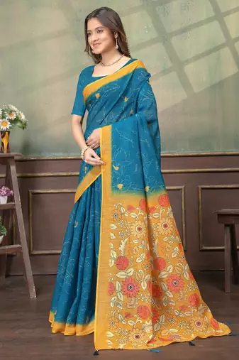 Teal printed art silk designer pallu saree