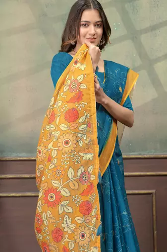 Teal printed art silk designer pallu saree