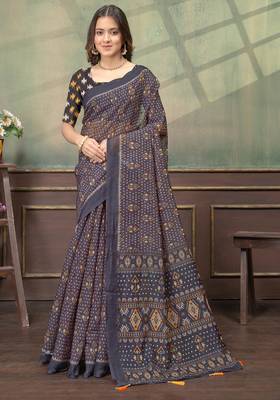 Black printed art silk designer pallu saree 1