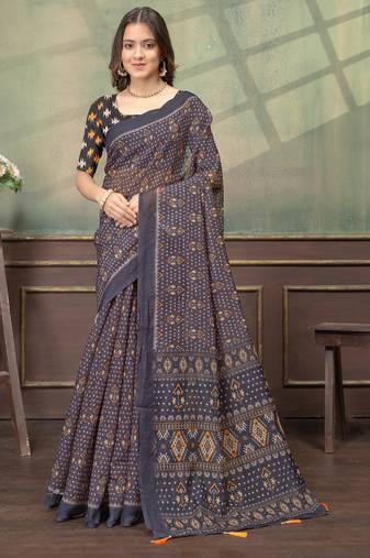 Black printed art silk designer pallu saree