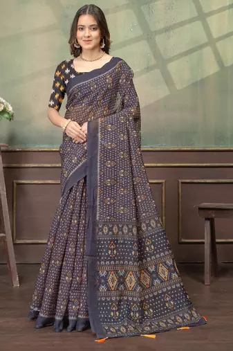 Black printed art silk designer pallu saree