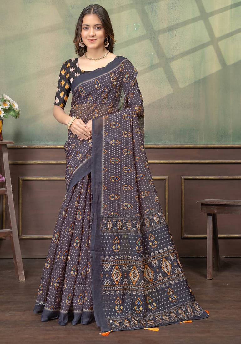 Black printed art silk designer pallu saree