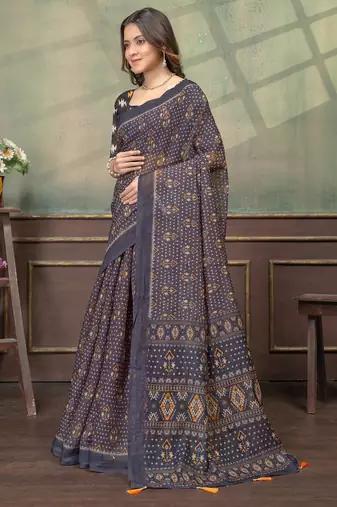 Black printed art silk designer pallu saree