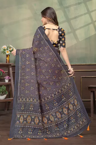 Black printed art silk designer pallu saree