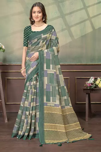 Green printed art silk designer pallu saree