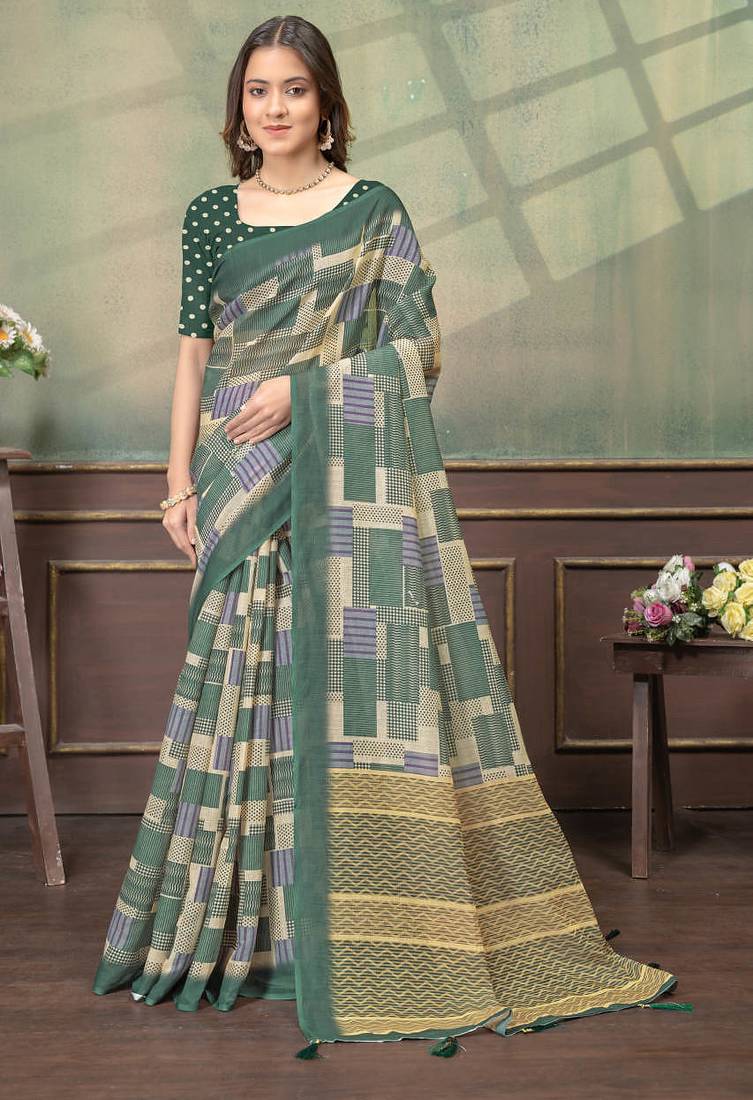 Green printed art silk designer pallu saree