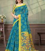 Teal printed art silk designer pallu saree